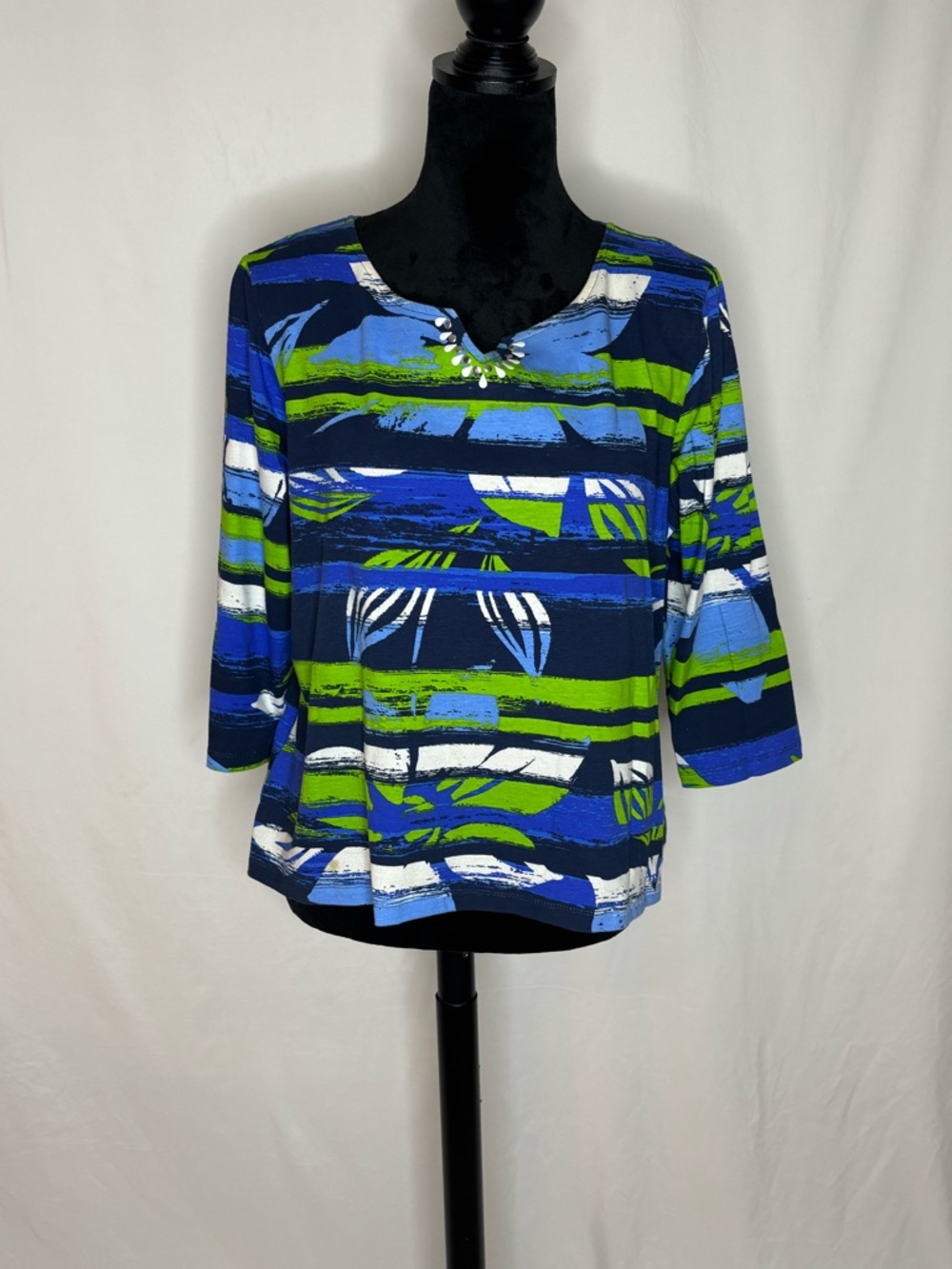 Ruby Rd. Navy, Blue & Green Striped 3/4 Sleeve Top
